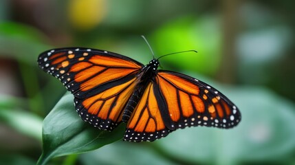 Fototapeta premium A monarch butterfly with bright orange and black wings rests on a green leaf in a lush garden. The scene shows vibrant colors and natural beauty during a sunny summer day.