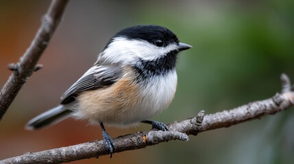 Obraz premium A small bird with black white and brown feathers sits on a branch. The setting features soft colors and greenery. The bird appears focused and alert.