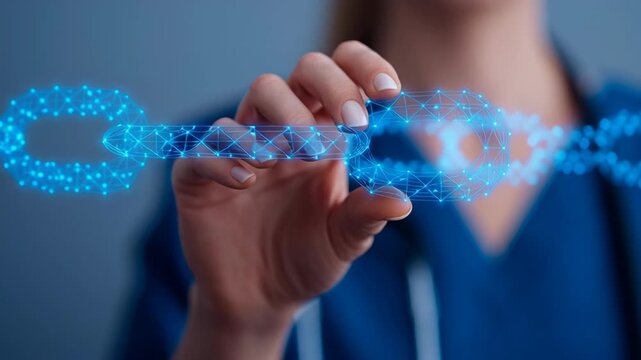 Medical blockchain data, digital link concept in healthcare.