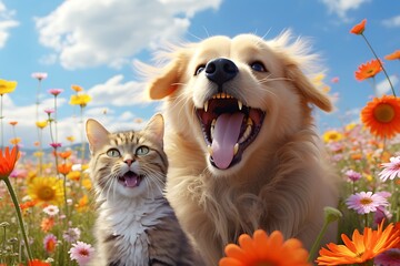 Dog and Cat relaxing in a flower field