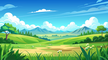 Wide panoramic view of lush green grassland under a clear blue sky with drifting white clouds, evoking openness, calmness, and natural simplicity