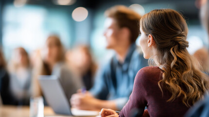Faceless students in modern classroom engaged in discussion, collaborative learning environment, contemporary education space, knowledge sharing, defocused participants in background, with copy space