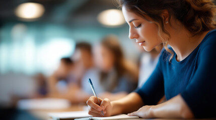 Faceless student taking notes during lecture, university classroom setting, educational environment, academic focus, learning and knowledge pursuit, defocused classmates in background, with copy space