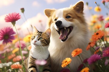 Dog and Cat relaxing in a flower field