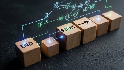Workflow wooden blocks with digital glowing process diagram