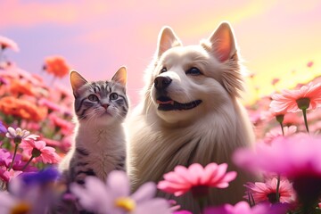 Dog and Cat relaxing in a flower field