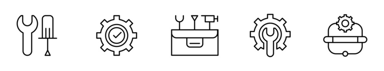 Pack de iconos de herramientas y mantenimiento. Llave y destornillador, engranaje aprobado, caja de herramientas, ajuste técnico y seguridad industrial. Diseño vectorial lineal