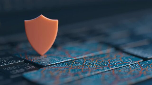 Medical blockchain data, security shield on digital background.