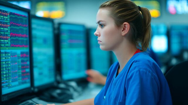 Medical blockchain data, healthcare professional analyzing digital information.