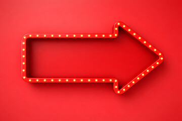 Red marquee arrow sign with bright light bulbs pointing right on a matching red background for vibrant advertising or event signage mockup
