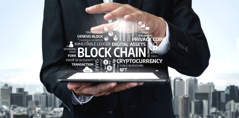 A professional businessman stands against a cityscape, holding a tablet showcasing various blockchain concepts and innovations in digital assets and finance. Tessel