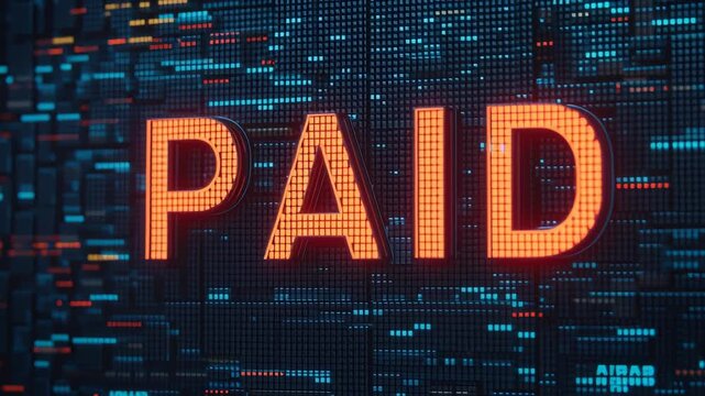 Medical blockchain data, illuminated sign reading 'PAID' in a digital context.