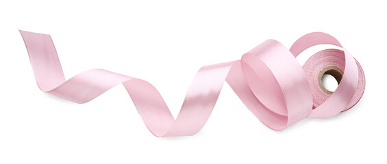 Beautiful pink ribbon isolated on white, top view