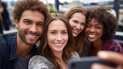 Multi-cultural friends taking rooftop party selfie, closeup with smiles, diverse young adults, social celebration, urban entertainment scene, with copy space