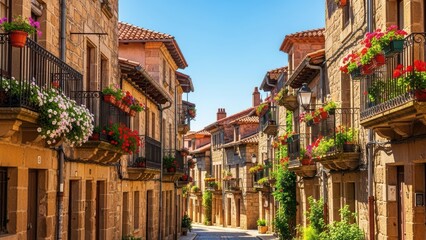 Fototapeta premium Charming historic european village street with stone buildings and colorful floral balconies