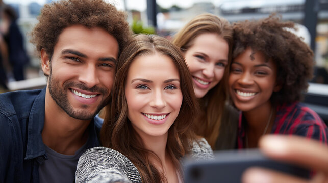 Multi-cultural friends taking rooftop party selfie, closeup with smiles, diverse young adults, social celebration, urban entertainment scene, with copy space - Powered by Adobe