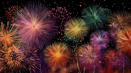 Fototapeta premium Fireworks burst in various colors and shapes illuminating the night sky. People gather below to watch the colorful show during a celebration. The atmosphere is lively and energetic.