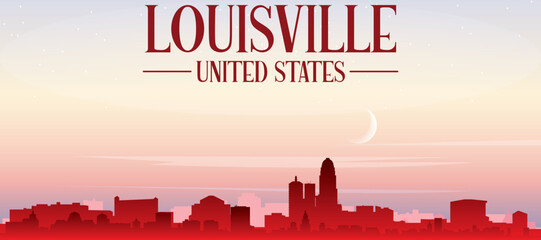 Fototapeta premium Red panoramic poster of the city skyline with misty background buildings, sunrise, moon and clouds of LOUISVILLE, UNITED STATES