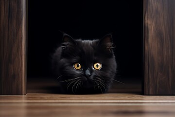 Close-up photo of a cute black kitten peeking out