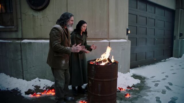 A white homeless man and woman warming hands over a fire in a barrel on a snowy city street in winter - poverty and homelessness survival