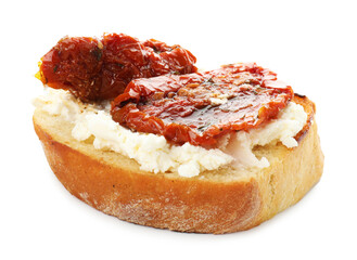 Delicious bruschetta with cream cheese and sun-dried tomatoes isolated on white