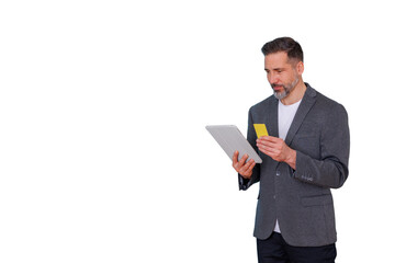 Man making an online purchase using tablet and credit card for secure e-commerce payment on transparent background