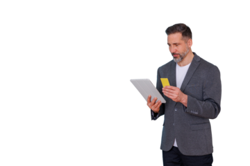 Man making an online purchase using tablet and credit card for secure e-commerce payment on transparent background