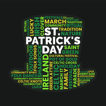 St. Patrick's Day Word Cloud, Ireland Holiday Tag Cloud. Hat Shape Green Celebration Typography