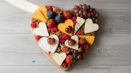 Heart shaped cheese platter with fruits and nuts on wooden table. Romantic Valentine's Day appetizer.