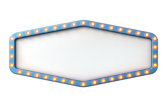 Blue marquee frame in hexagon shape with glowing yellow light bulbs and white blank center for text isolated on white background 3d mockup