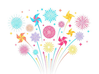 Colorful fireworks and pinwheels illustration on white