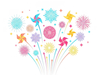 Colorful fireworks and pinwheels illustration on white