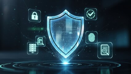 Security and compliance hologram shield icons floating in air