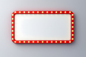 Red marquee frame with yellow glowing bulbs on a grey wall background with empty white copy space for theater or cinema announcement mockup