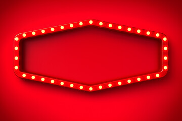 Red hexagon marquee frame with yellow light bulbs on a red background with empty space for festive announcement or grand opening display mockup