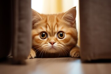 close-up of a cute domestic kitten peeking out