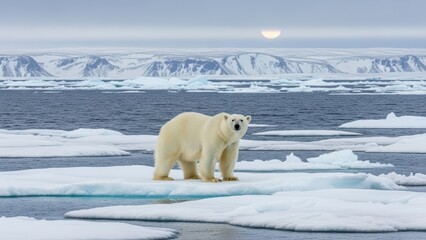 Polar bear on floating ice in arctic ocean with scenic snowy horizon during sunset