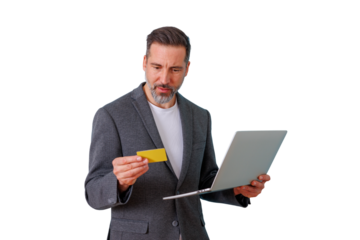 Man shopping online using laptop and credit card for secure e-commerce payment on transparent background