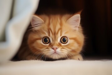 close-up of a cute domestic kitten peeking out