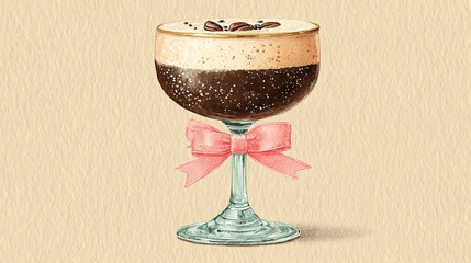 Elegant glass with dark coffee beverage and a pink bow on the stem.