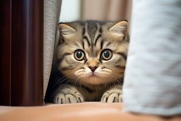 close-up of a cute domestic kitten peeking out