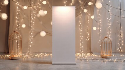 Fototapeta premium Blank Roll-Up Banner Mockup in Cozy Festive Interior with Warm Fairy Lights, Hanging Spheres, and Elegant Golden Birdcage Decor. Event Signage Template.