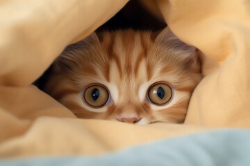 close-up of a cute domestic kitten peeking out