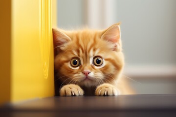 close-up of a cute domestic kitten peeking out