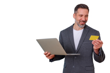 Happy man doing online banking and shopping with a laptop and credit card, processing financial transactions. Transparent background