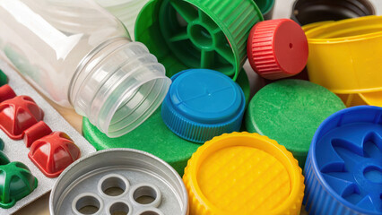 Recycled material concept motif. collection of colorful plastic bottle caps and containers showcases eco friendly recycling efforts