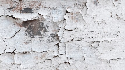 Fototapeta premium A close view of a white wall that shows signs of damage with cracks and peeling paint. The wall reflects years of wear in a building's interior during daytime.