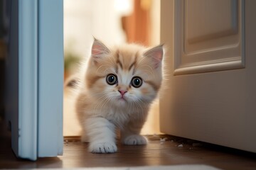 close-up of a cute domestic kitten peeking out