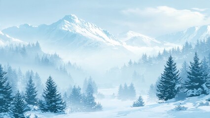 Fototapeta premium Tranquil Winter Landscape Digital Painting: Majestic Snow-Capped Mountains towering over a Misty Valley of Evergreen Pine Trees in Cold Blue Hues.