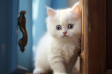 close-up of a cute domestic kitten peeking out